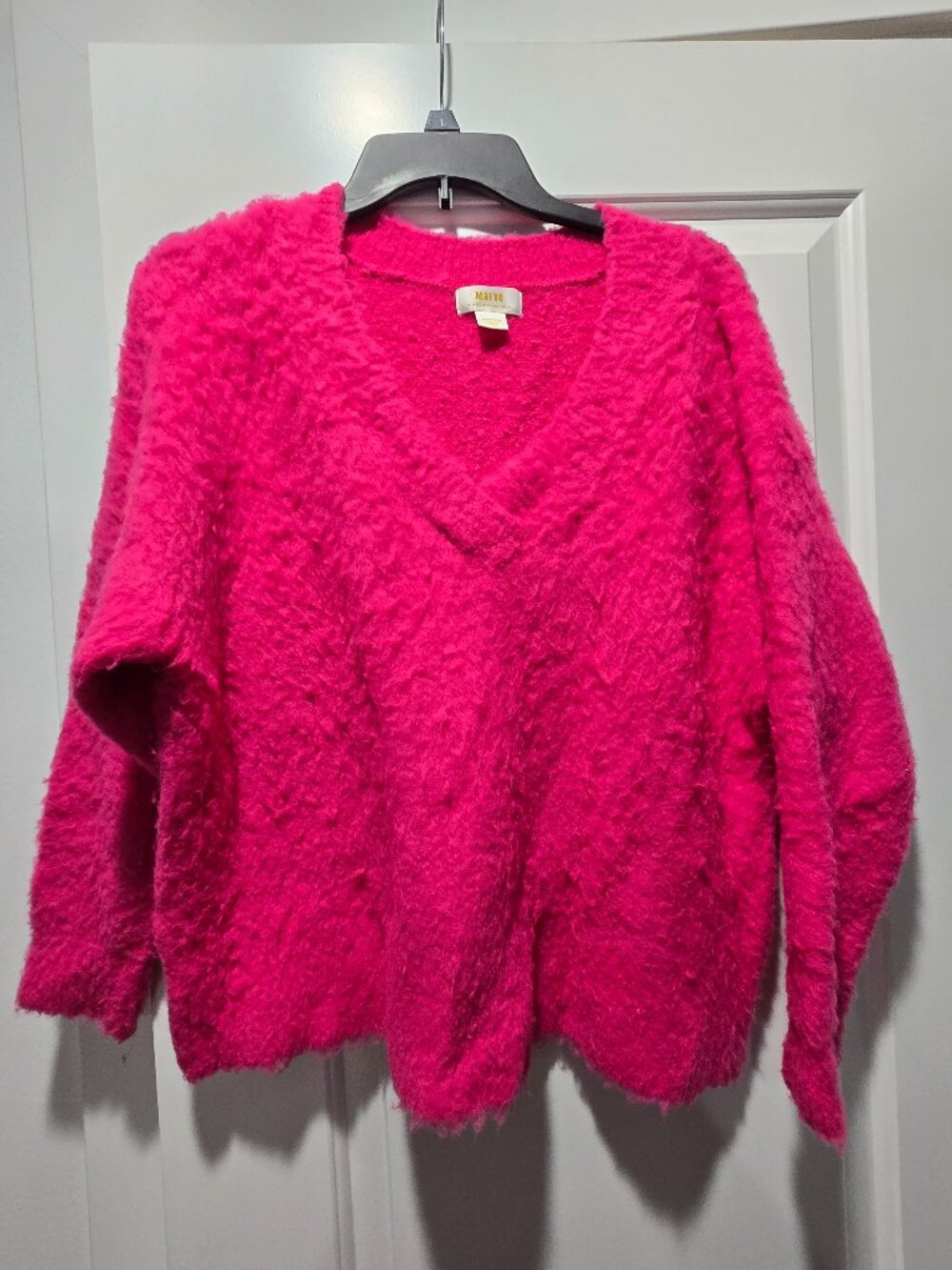 Maeve Anthropologie Hot Pink Fuzzy V-Neck Sweater M